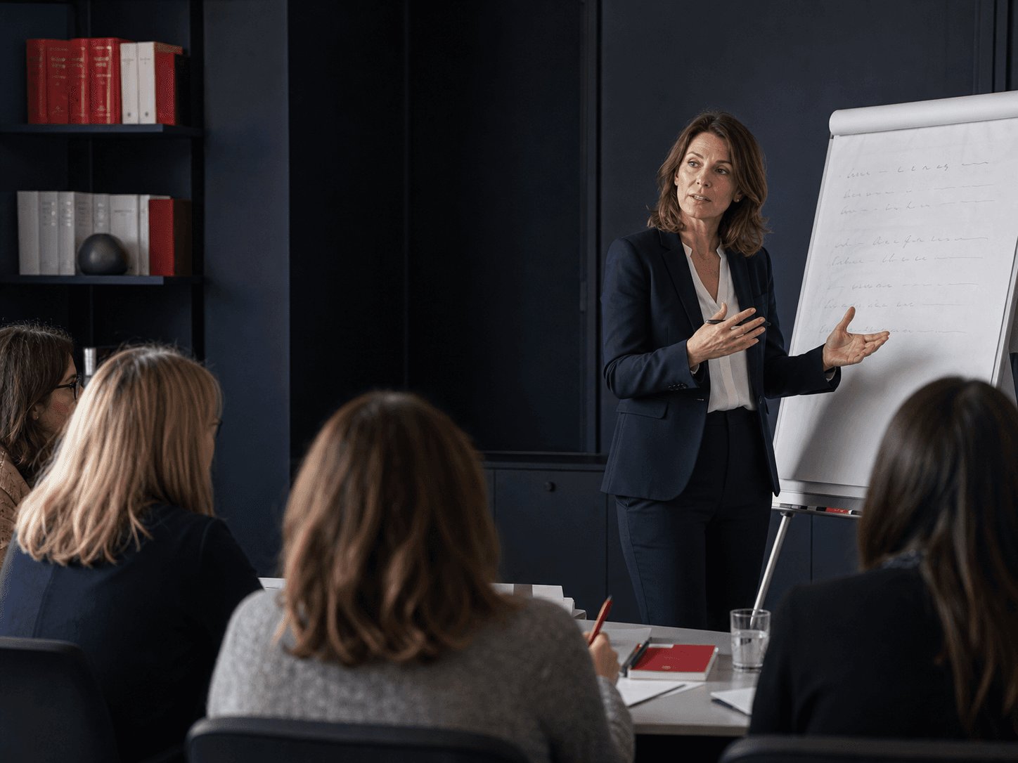 Séance de formation juridique animée devant un groupe de professionnels