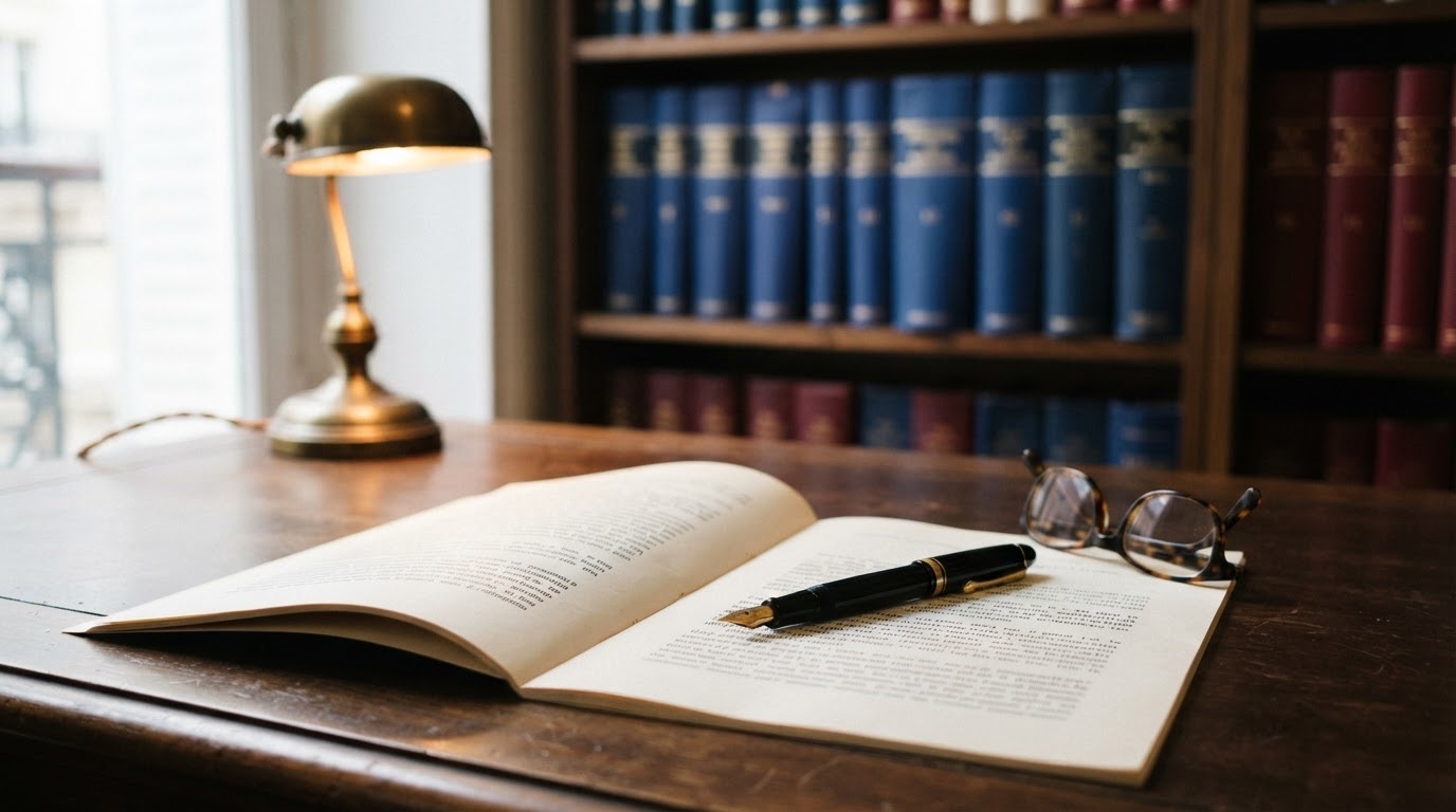 Bureau : un document ouvert, un stylo, des ouvrages de droit reliés en bleu