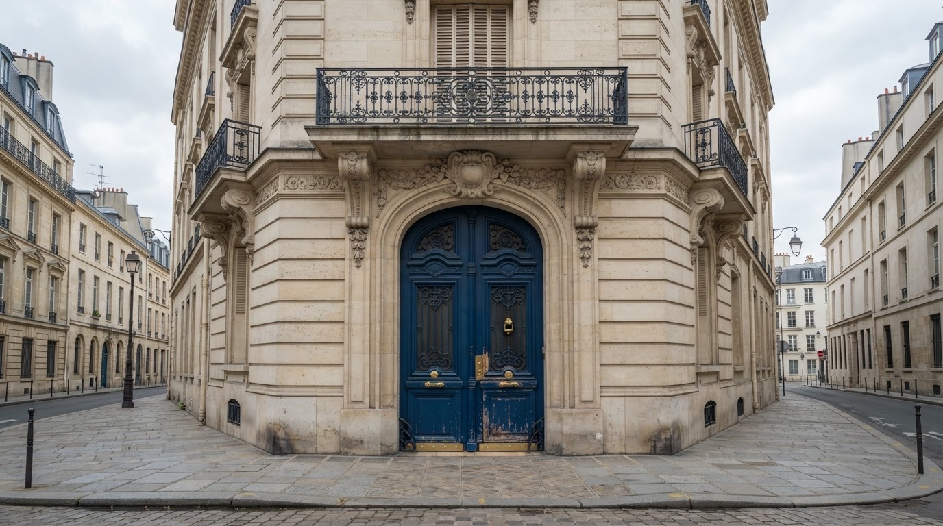 Porte cochère bleue d’un immeuble haussmannien à Paris