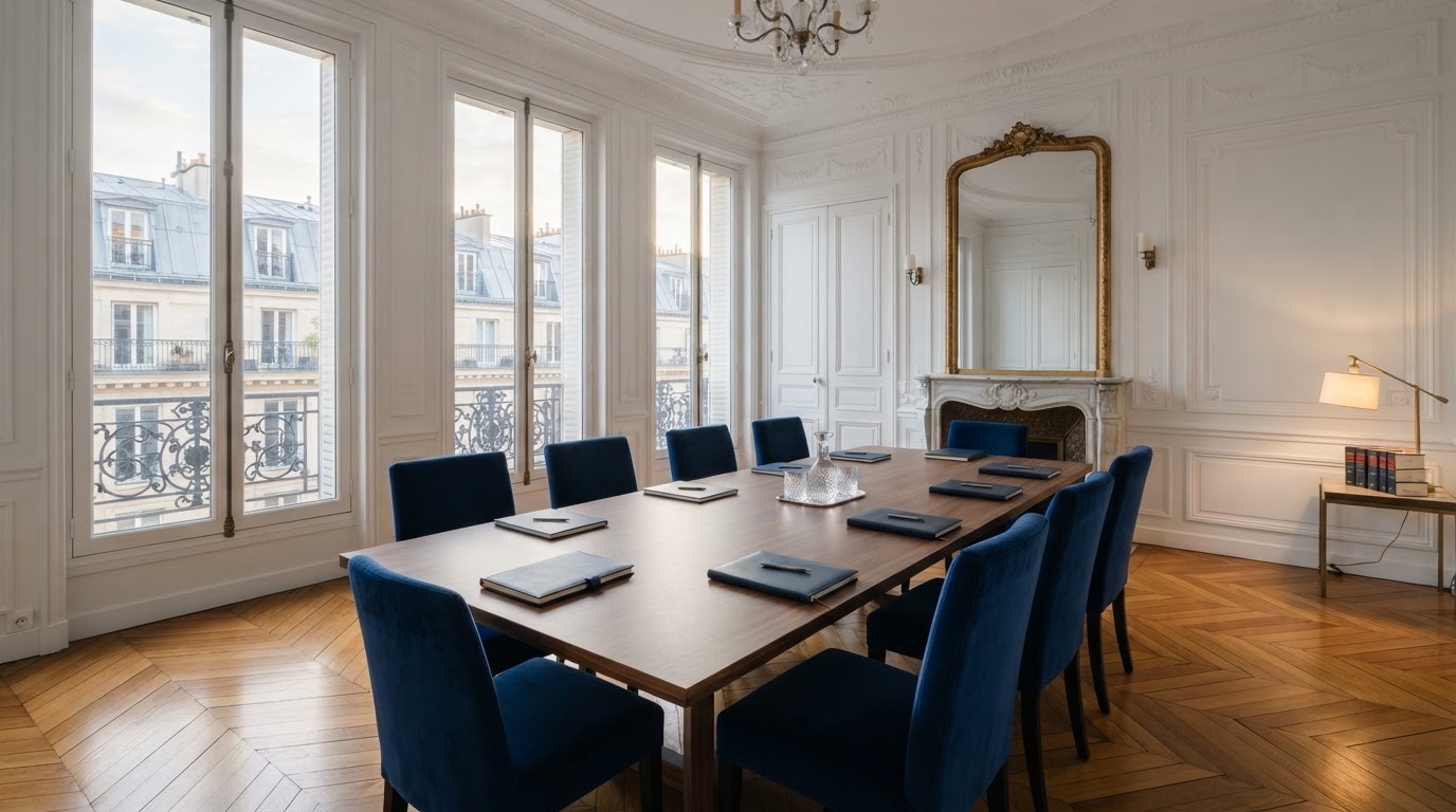 Salle de réunion d’un immeuble haussmannien, table et fauteuils bleus
